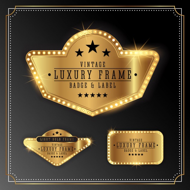Golden Luxury Frame with Bulb Light Border. Golden Shine Label Banner Design Free Vector