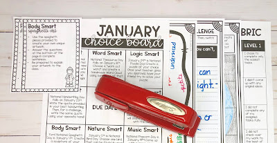 Picture of January Choice Board Elements ready for grading.