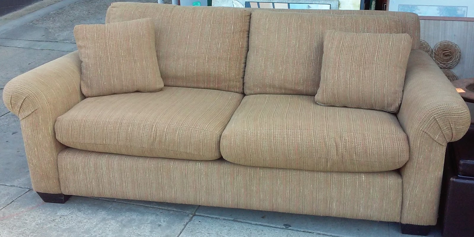 UHURU FURNITURE & COLLECTIBLES SOLD Tan Tweed Designer Sofa 145