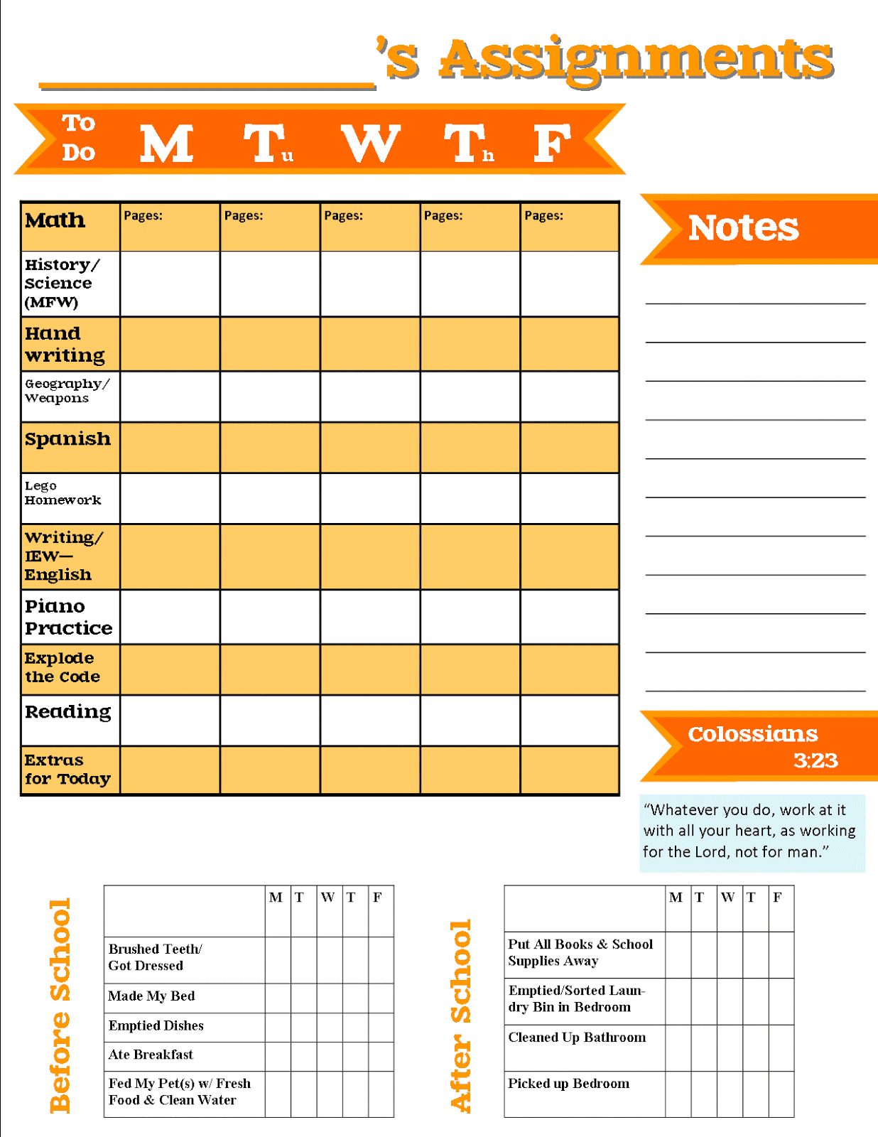 template for weekly assignments