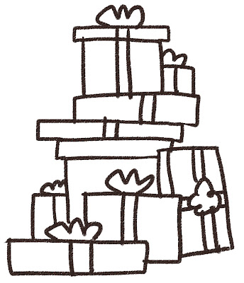 山積みのプレゼントのイラスト（クリスマス） 白黒線画
