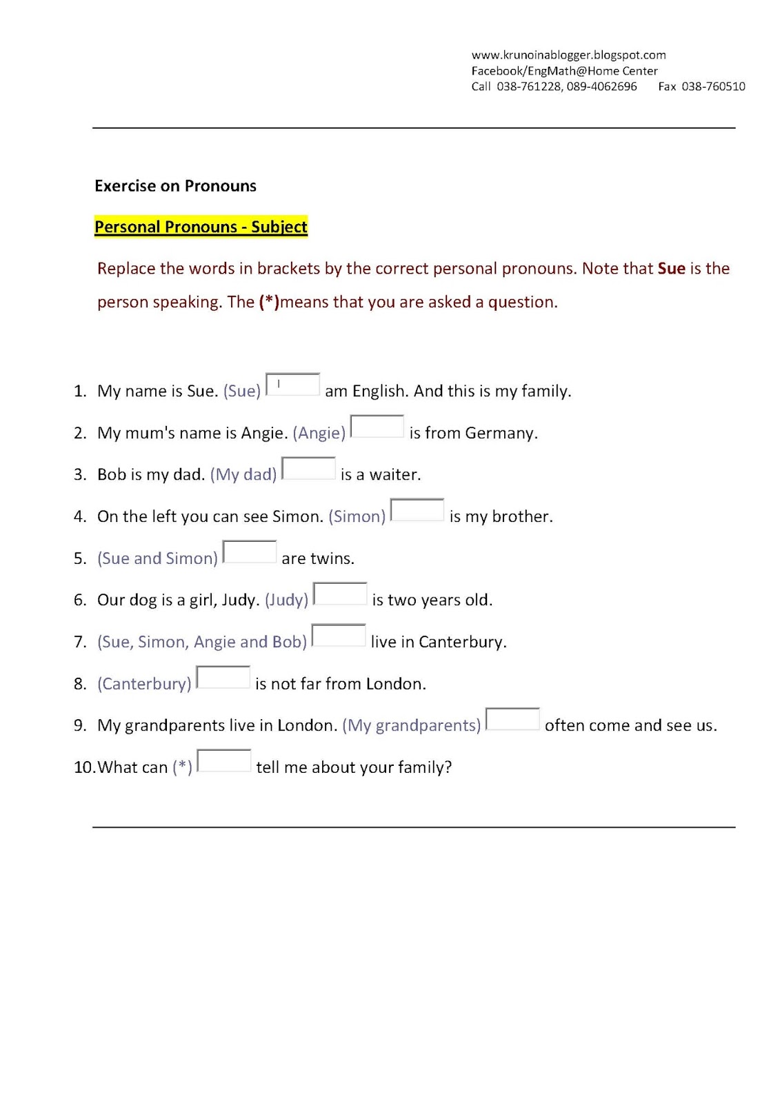 Exercise on pronouns personal pronouns subject