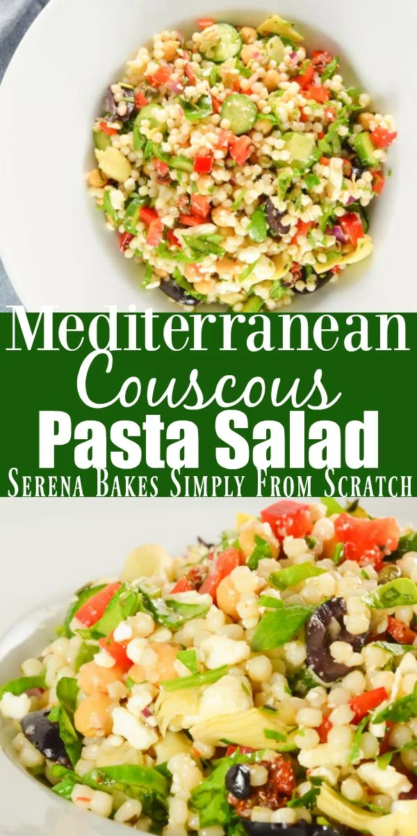 Mediterranean Couscous Pasta Salad is an easy healthy salad using Israeli Couscous perfect for picnics and potlucks from Serena Bakes Simply From Scratch.