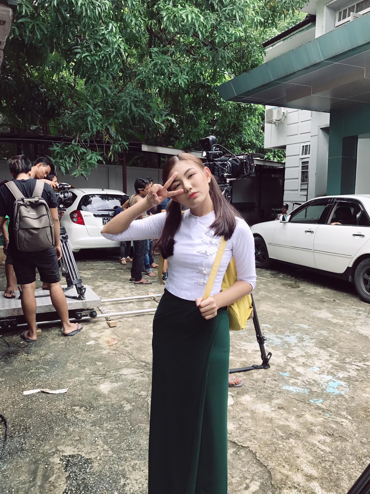 May Myint Mo Cute Style Poses In White and Green School Uniform