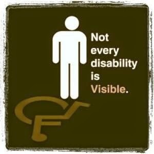 Not every disability is visible. White upright stick figure casting a shadow in the form of the wheelchair symbol