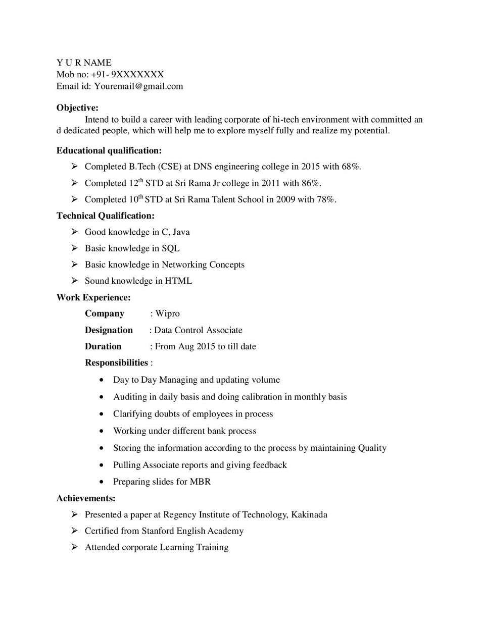 wipro bpo resume format sample data control associate resume