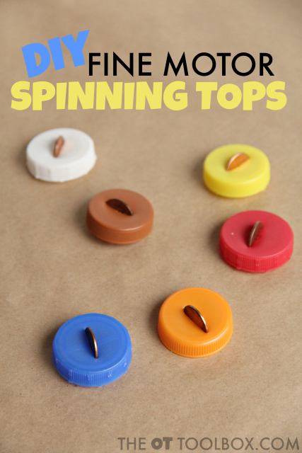 Kids will love these spinning tops made from recycled bottle caps to address fine motor skills. DIY tops for building fine motor skills.