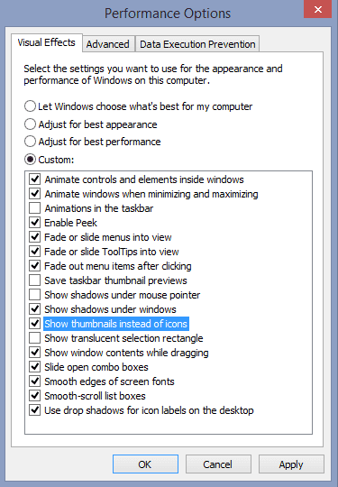 Performance options view Performance options view