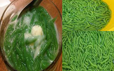 Tampilan es cendol tradisional dengan jeli hijau kenyal dan sirup gula merah kental