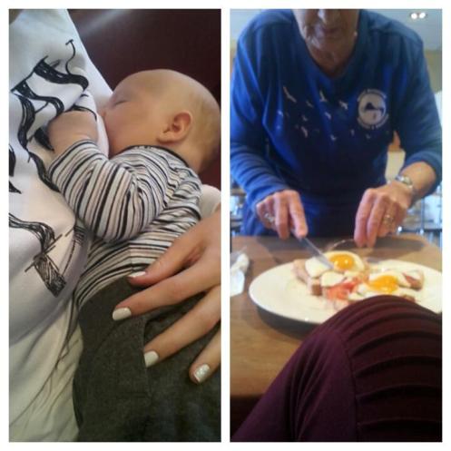 Be the old lady in a restaurant as you breastfeed your 8 week old son and comes to your table to cut your breakfast for you and feed you before your food gets cold.
