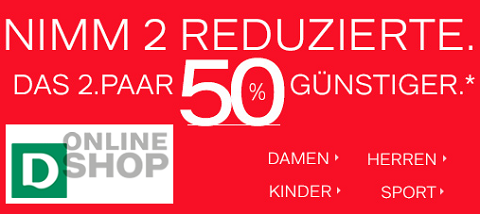 2 Paar reduzierte Schuhe bei Deichmann kaufen und 50% Rabatt 2 Paar reduzierte Schuhe bei Deichmann kaufen und 50% Rabatt