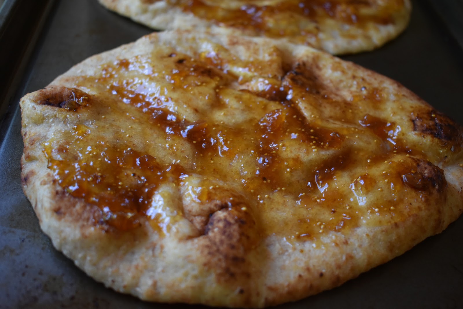 Flatbread Pizza with Blue Cheese, Fig Jam, Peaches and Crispy