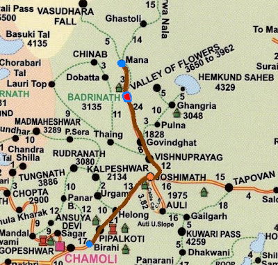 Birahi-Joshimath-Badrinath Travel route map of the Char Dham in the Himalayas