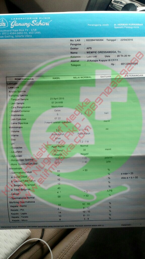 (LEMBAR 1) Setelah Pengobatan 1 Bulan Jumlah Sperma Naik 32,5 Juta/ejakulasi, Motilitas 60%, Morfologi Normal 58% (LEMBAR 1) Setelah Pengobatan 1 Bulan Jumlah Sperma Naik 32,5 Juta/ejakulasi, Motilitas 60%, Morfologi Normal 58%