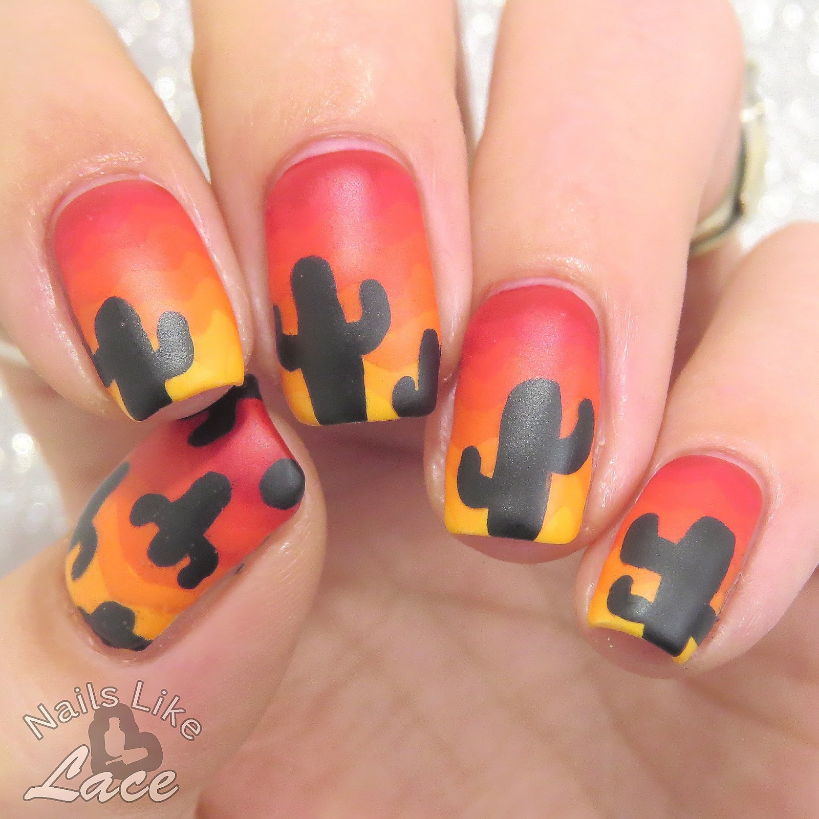 NailsLikeLace: 40 Great Nail Art Ideas: Red & Orange Zigzags with Cacti