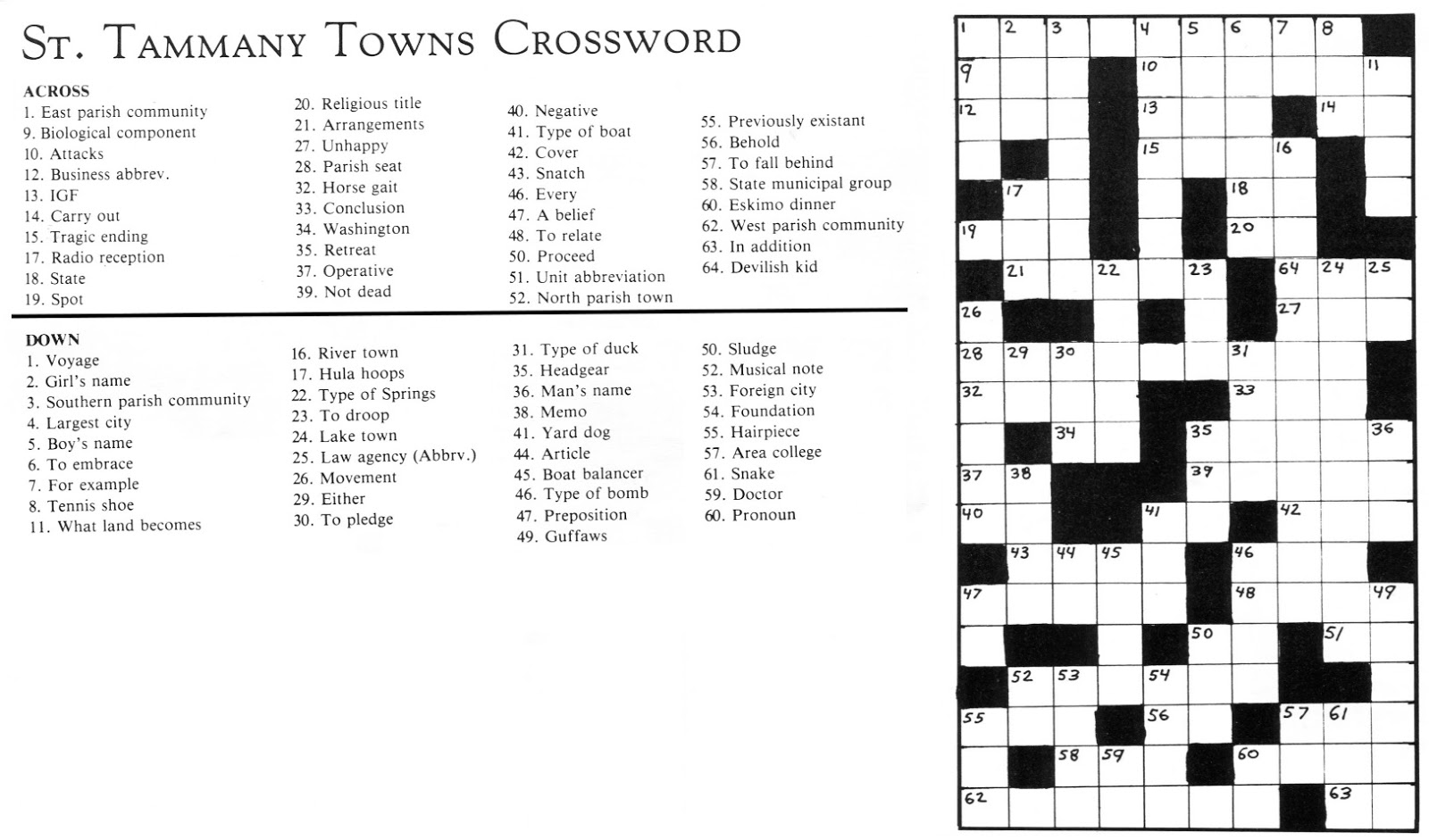 Tammany Family: St Tammany Crossword