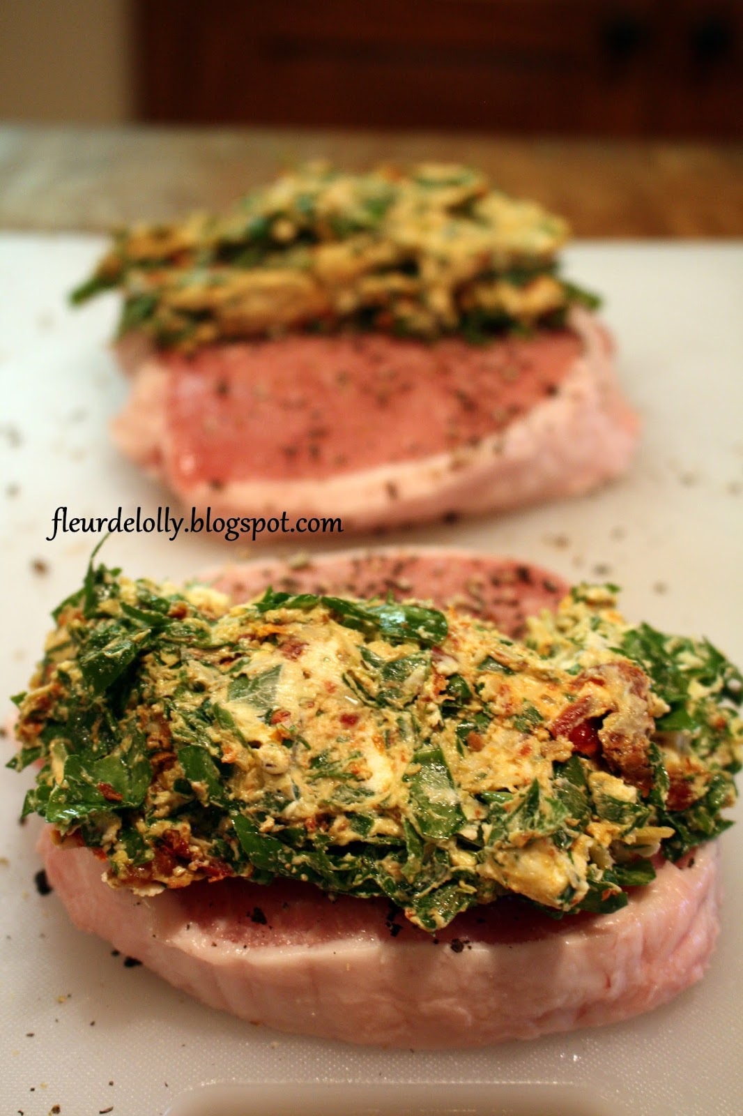 Fleur de Lolly Cream Cheese, Spinach & Sun Dried Tomato Stuffed Pork Chops