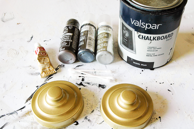 An easy way to turn simple Dollar Tree jars into the perfect industrial storage! Aging lids to Dollar Tree storage jars