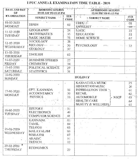 Karnataka 1st PUC Exam Time Table February 2020 Karnataka 1st PUC Exam Time Table February 2020