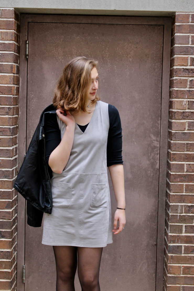 gray sued dress, leather jacket + vans high tops #fashion #90style