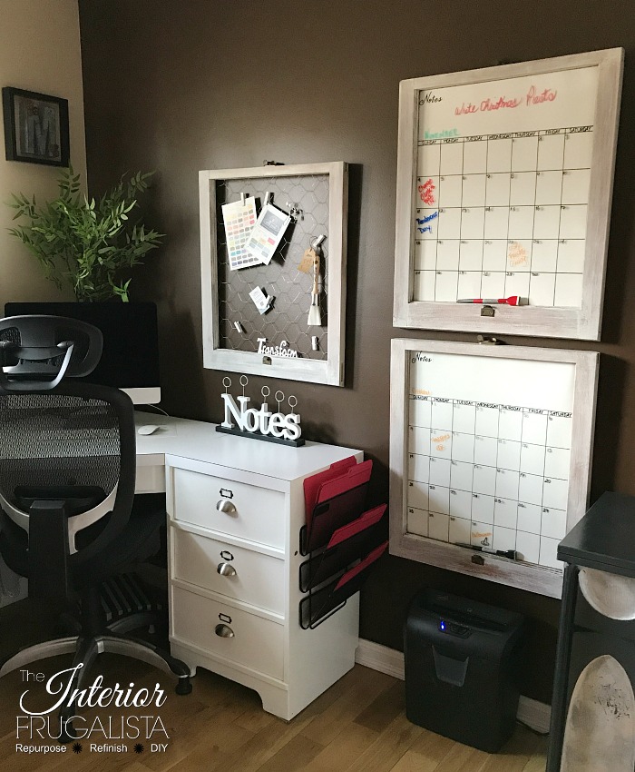 Repurposed Vintage Window Wall Organization with farmhouse charm, perfect for a budget-friendly family command center. Turn them into a month-at-a-glance dry erase wall calendar, chicken wire note board, or dry erase board with step-by-step instructions at Interior Frugalista. #repurposedwindows #diywallorganization #familycommandcenter #chickenwirenoteboard #dryeraseboard #diywallcalendar DIY Dry Erase Wall Calendar From Old Windows
