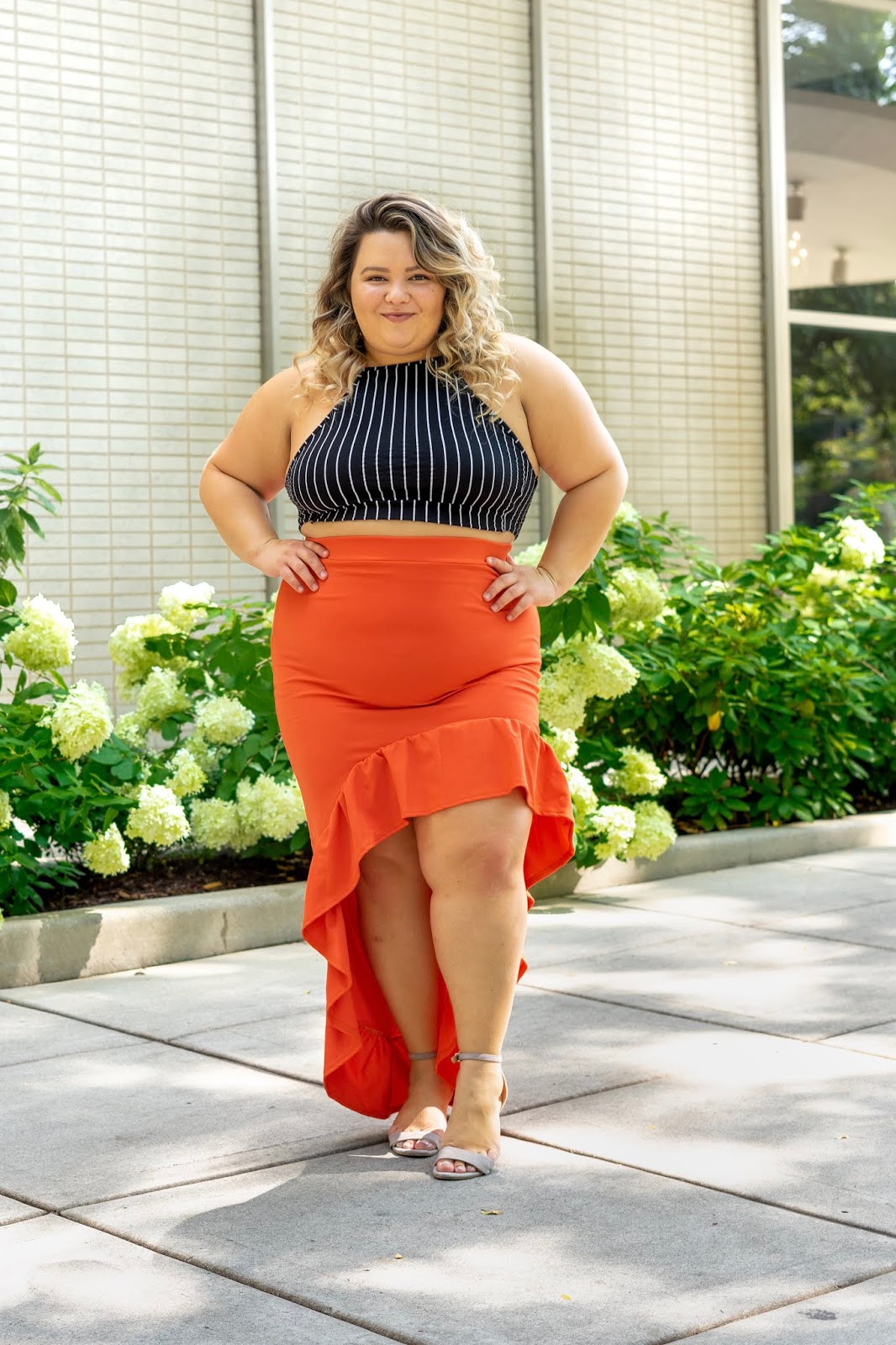 Chicago fashion blogger, Chicago plus size fashion blogger, natalie Craig, natalie in the city, plus size fashion, Chicago fashion, plus size fashion blogger, eff your beauty standards, fatshion, skorch magazine, Chicago model, plus size model, plus size petite, affordable plus size clothing, embrace your curves, plus model magazine,  petite plus size, prettylittlething, ruffle skirt, orange, striped halter, plus size halter tops, prettylittleting plus