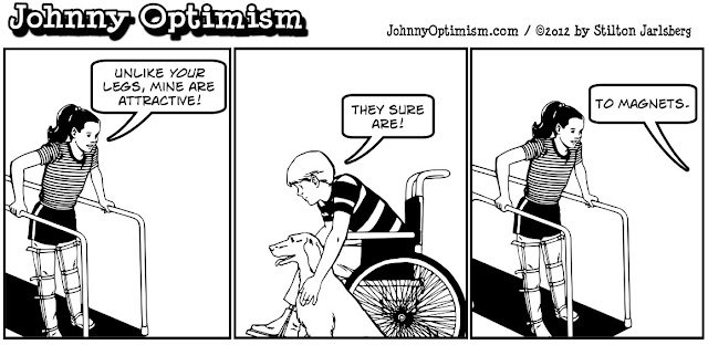 johnny optimism, johnnyoptimism, stilton jarlsberg, medical humor, sick jokes, wheelchair, brace girl