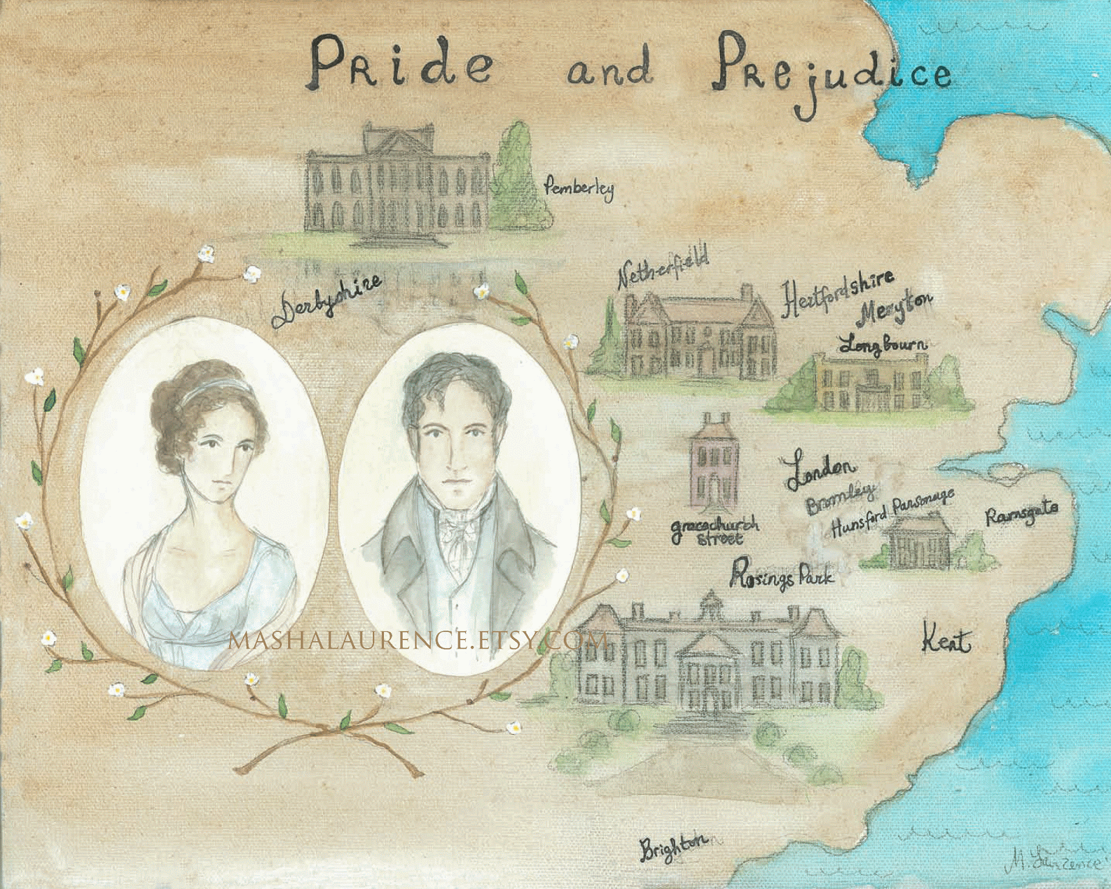 Antique Fashionista Map of Pride and Prejudice print