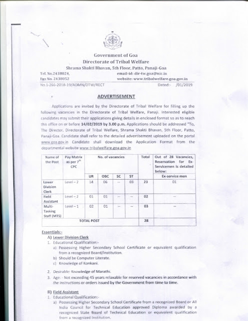 recruitment of various post in Directorate of Tribal Welfare, Panaji(28 posts)