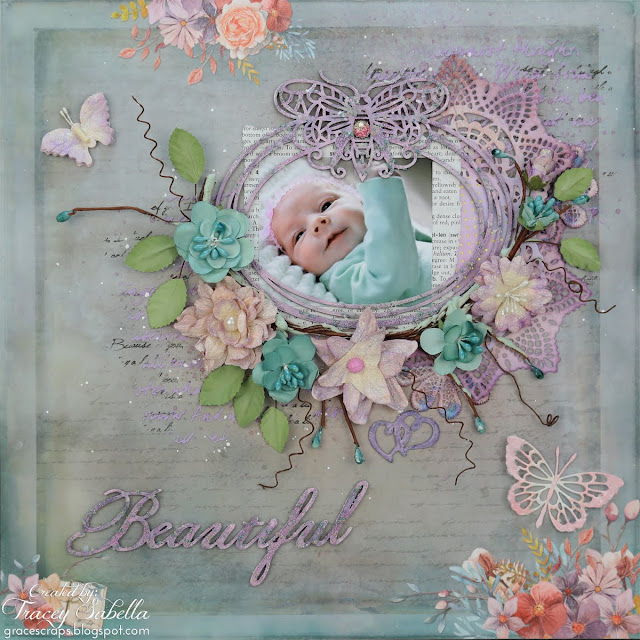 Scraps of Elegance scrapbook kits: Shabby chic baby layout created w/our 02/17 Watercolor Wishes kit, by Tracey Sabella, and incl. a video technique tutorial for crackle finish chipboard.