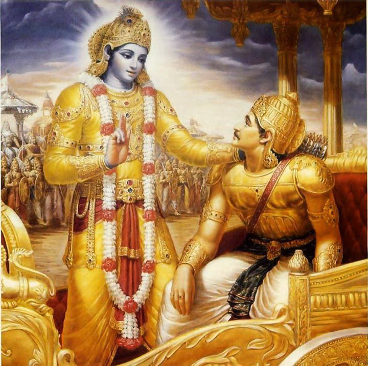 Lord Krishna teaching the knowledge of Gita to Arjuna