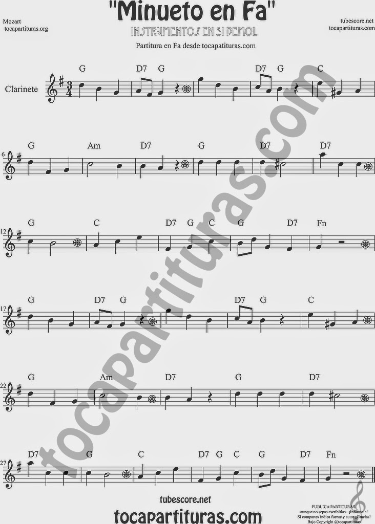 Minueto en Fa Partitura de Clarinete Sheet Music for Clarinet Music Score