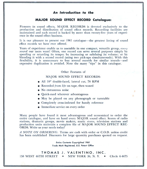VINTAGE THEATRE CATALOGS 1960 MAJOR SOUND EFFECTS CATALOG 1961 MOOD