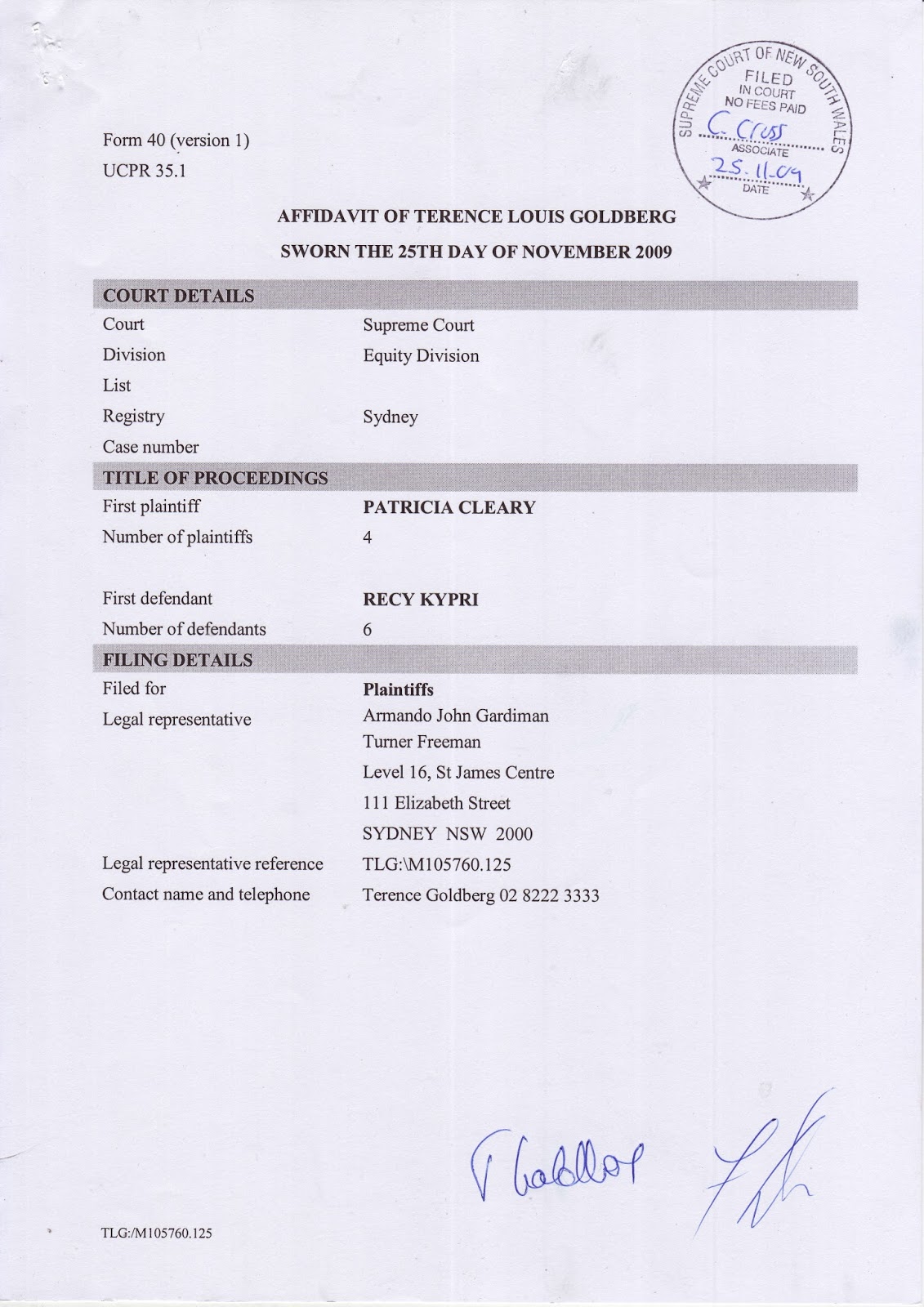 Terence Goldberg’s sworn affidavit of 25 November 2009