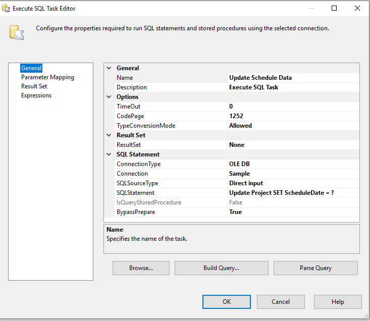 sql task editor parameter mapping ssis