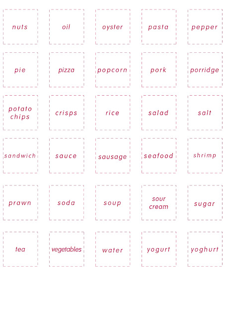 Food vocabulary cards -- printable word cards for the bingo game