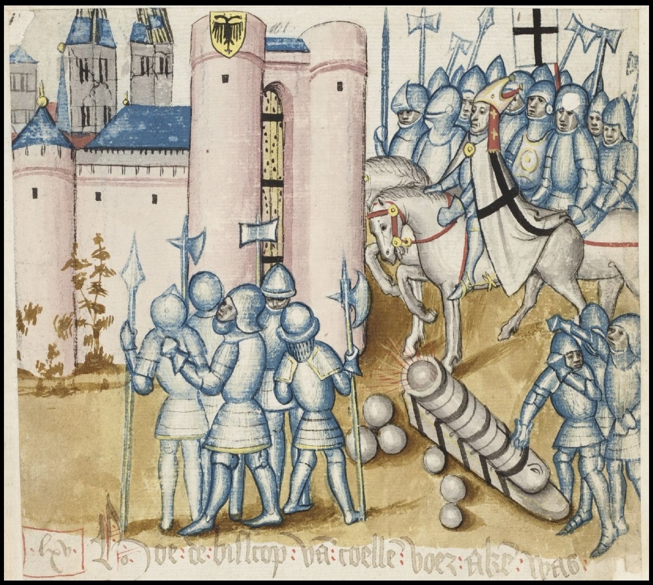 soldiers with cannon milling around a castle