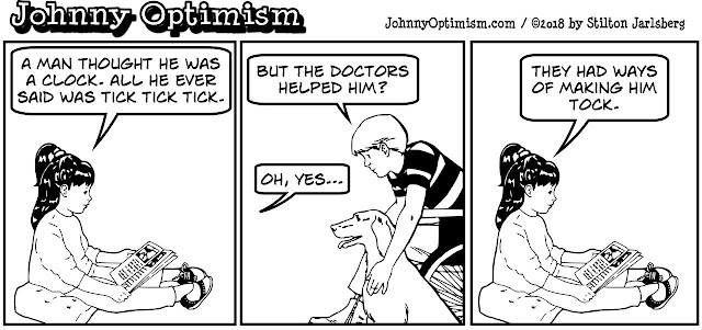 johnny optimism, medical, humor, sick, jokes, boy, wheelchair, doctors, hospital, stilton jarlsberg, medical book, girl, clock, tick, tock