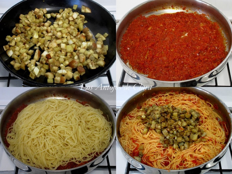 Preparación espaguetis con berenjenas blancas y salsa de tomate
