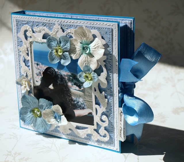 memories_ handmade wedding card with Sizzix Framelits Die Set - Frame, Ornate #657560 _ kartka książka z portretem_mikrogranulki_prima flowers