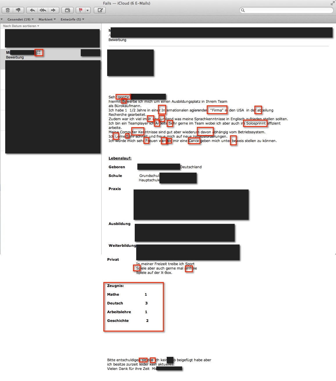 Bewerbung auf Zeitungsanzeige mit typischen Fehlern
