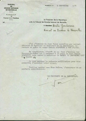 The official letter announcing that Djandoubi’s request for grace had been rejected. The official letter announcing that Djandoubi’s request for grace had been rejected.