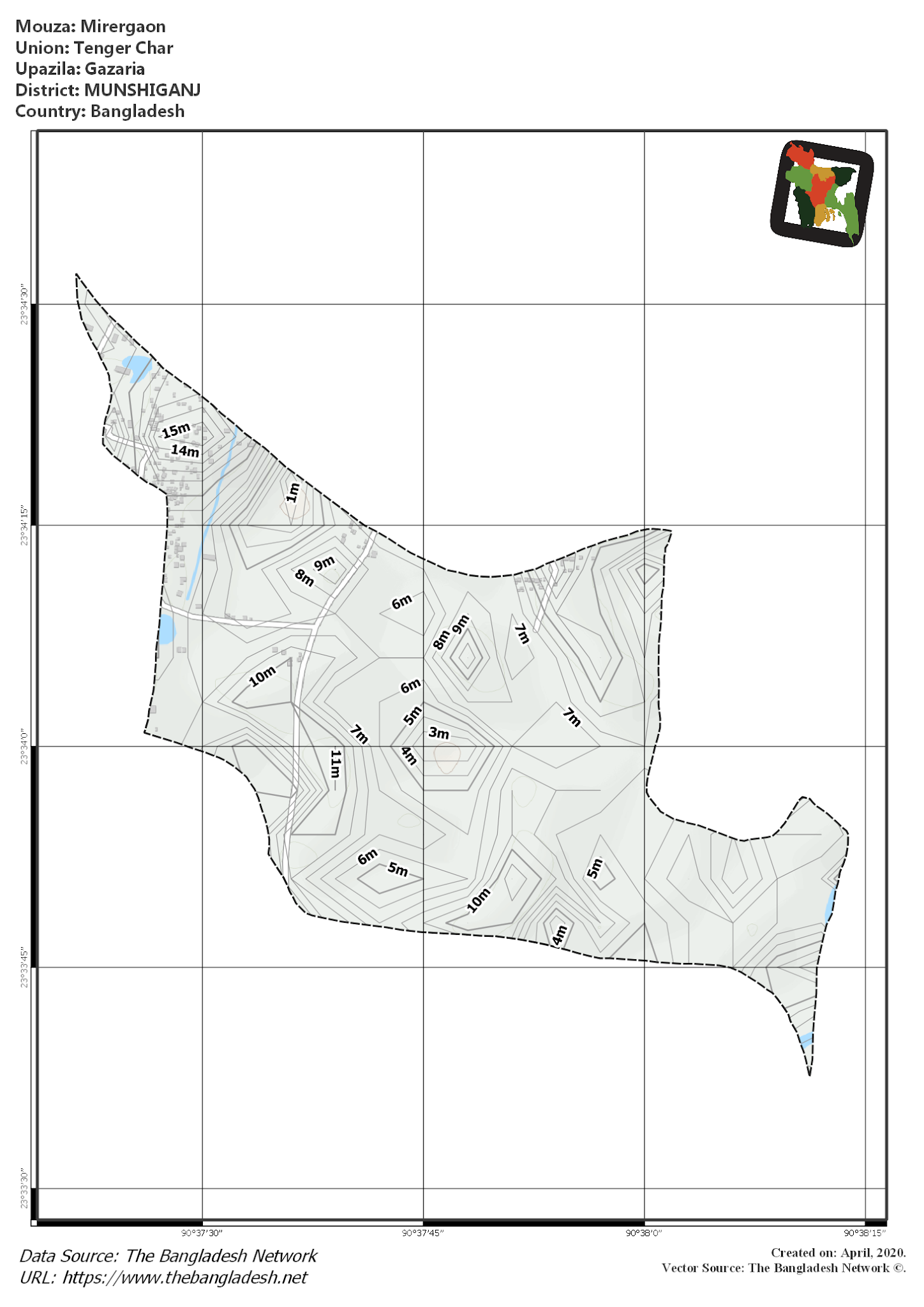 Map of Mirergaon Mouza of Gazaria Upazila, MUNSHIGANJ, Bangladesh.