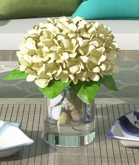 Hydrangea Flower Arrangement Coastal Shell Glass Vase