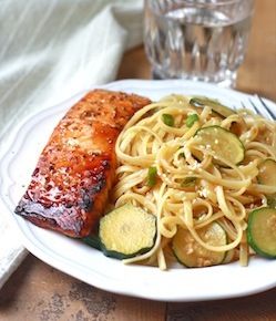 Zucchini Pasta with Teriyaki Salmon and fresh ginger spice