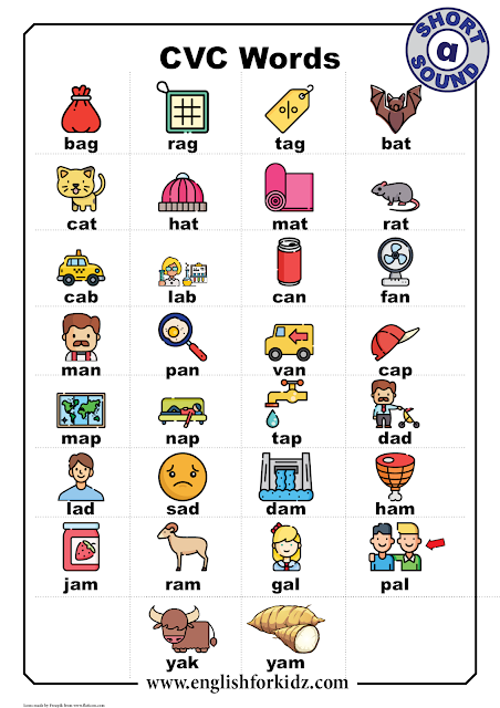 CVC words with pictures - short a sound - printable ESL worksheets