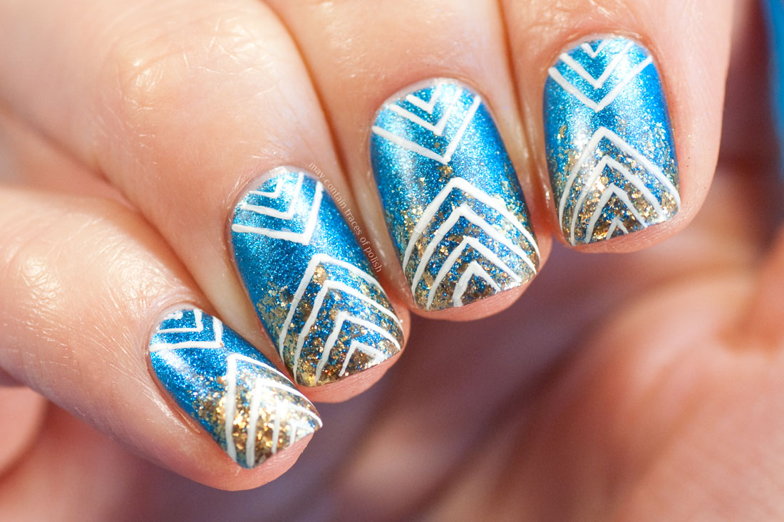 Blue and Gold Geometric design nail art