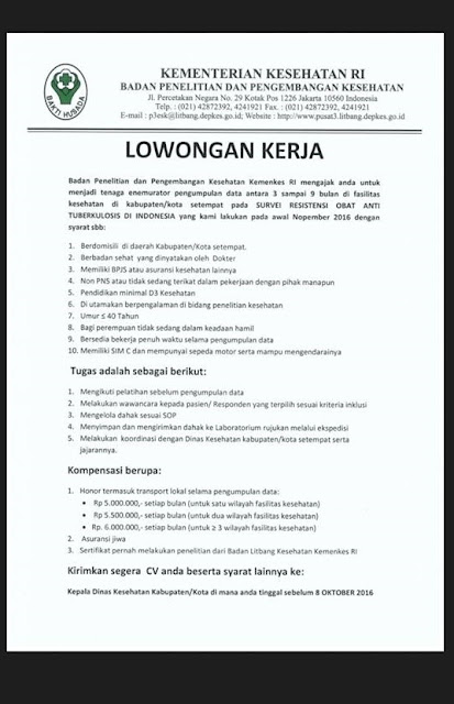 Rekrutmen Kementerian Kesehatan RI Seluruh Indonesia 2016