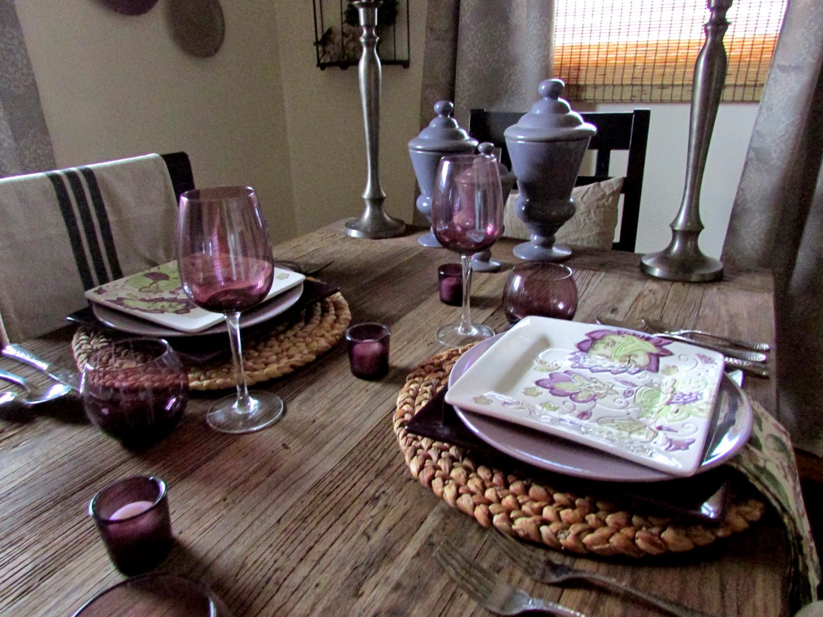 Purple Dishes on a Rainy Day Tablescape