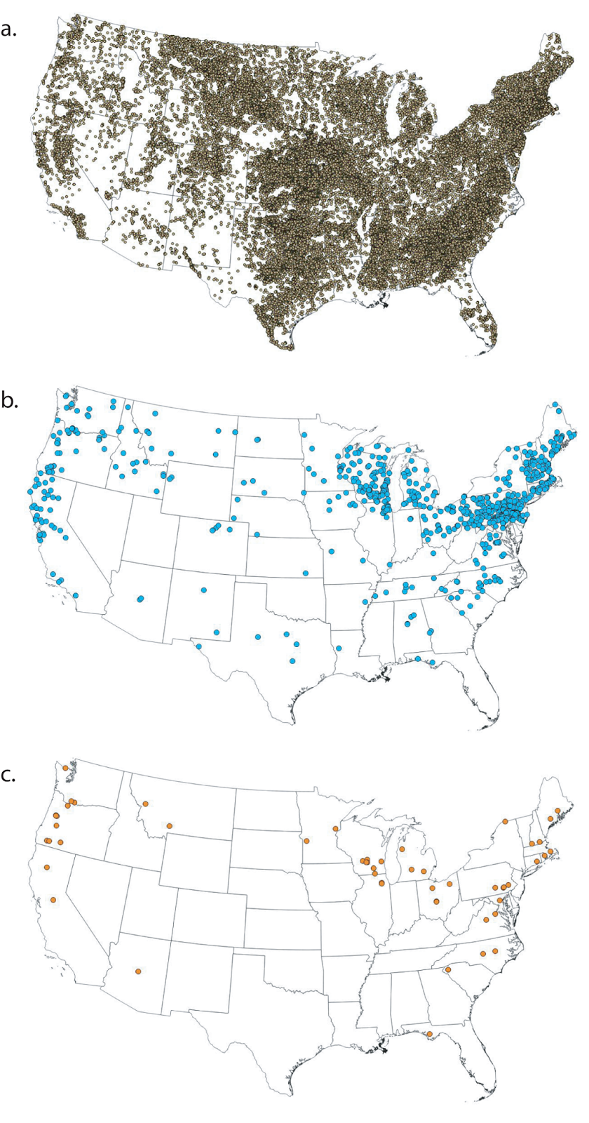 u s distribution of a existing dams listed in the national anthropogenic barrier dataset n 50 772 b removed dams from the dam removal inventory u s distribution of a existing dams listed in the national anthropogenic barrier dataset n 50 772 b removed dams from the dam removal inventory